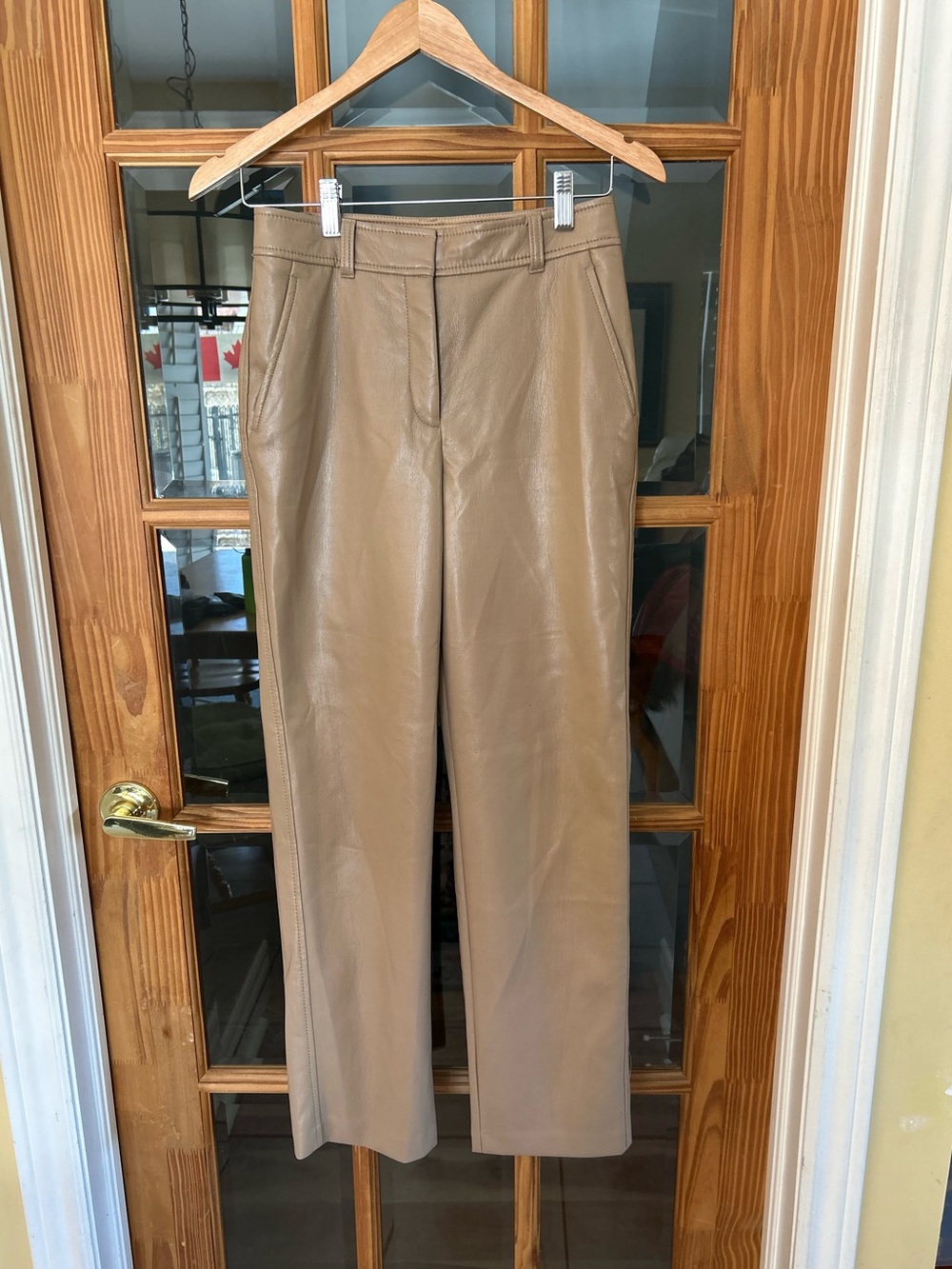 Babaton Tan Faux Leather Straight-Leg Pants